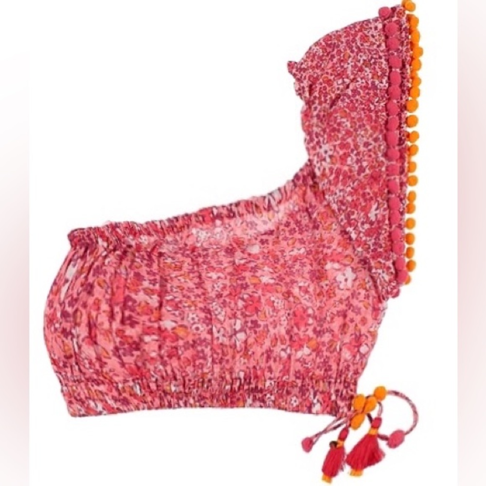 NWT Poupette St. Barth Girls Sz XL 14 Asymmetric Crop Top Ruffle Tussle Pink Red